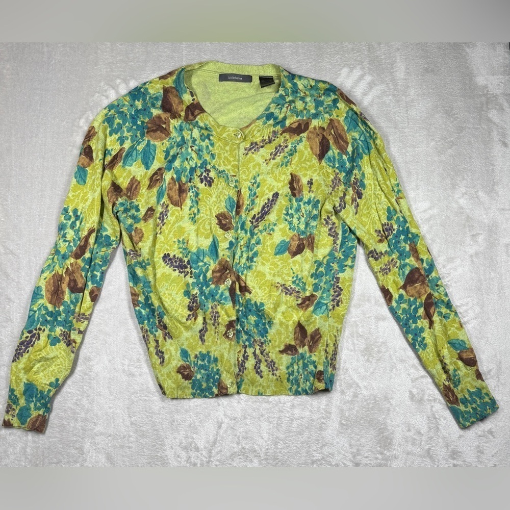 Liz Claiborne Wool Blend Green Brown Floral Button Front Cardigan Sweater XL